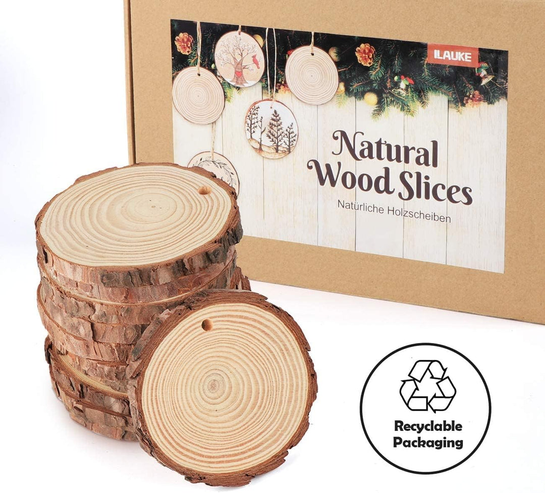 ilauke Holzscheiben 30 Stücke Holz Log Scheiben 8-9cm mit Loch und 10 mt Jute Seil Naturholzscheiben