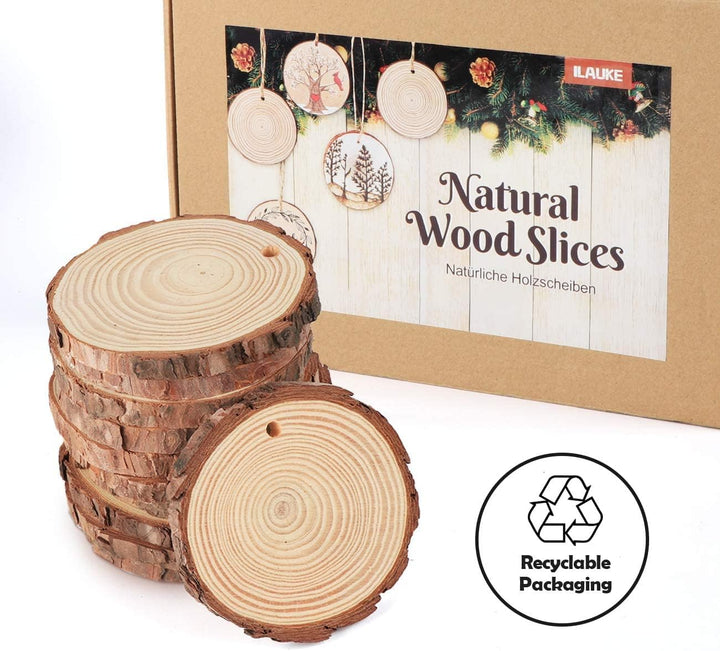 ilauke Holzscheiben 30 Stücke Holz Log Scheiben 8-9cm mit Loch und 10 mt Jute Seil Naturholzscheiben