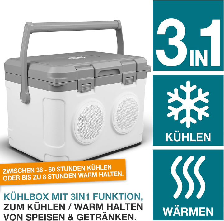 TOM 3in1 Musik Kühlbox 21l zum Kühlen, Warmhalten und Musik hören – mit Bluetooth Lautsprecher – Küh