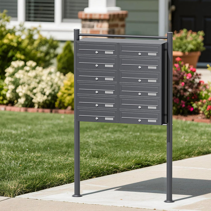 Wiltec 12er Briefkastenanlage Anthrazit 898 x 270 x 1500 mm, Standbriefkasten mit 2x6 Fächern, Schlü