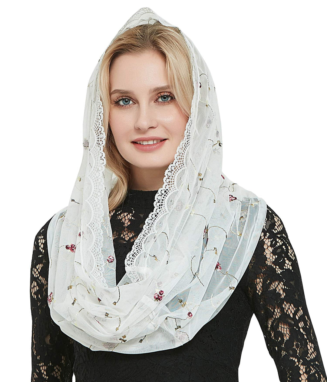 Orthodoxer Schleier Kopfbedeckung mit bestickten Blumen Katholische Kapelle Mantilla Schleier V50 El