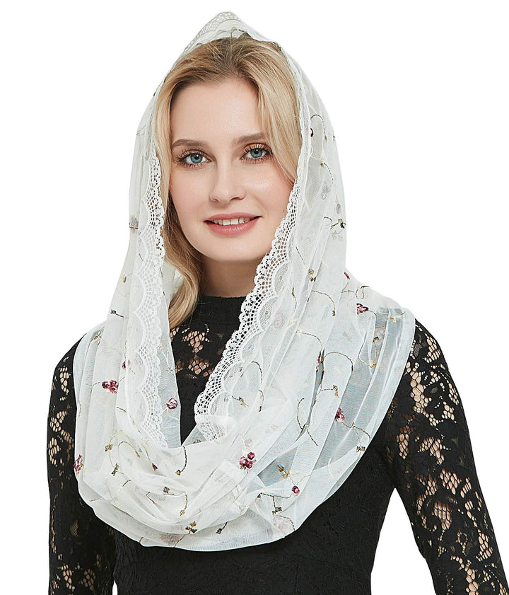 Orthodoxer Schleier Kopfbedeckung mit bestickten Blumen Katholische Kapelle Mantilla Schleier V50 El