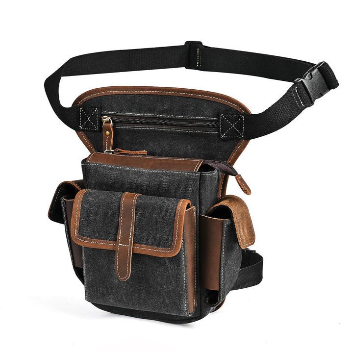 Herren Canvas + Leder Motorrad Reiten Tasche Beinbeutel Beintasche Aussenbeintasche Hüfttasche Drop
