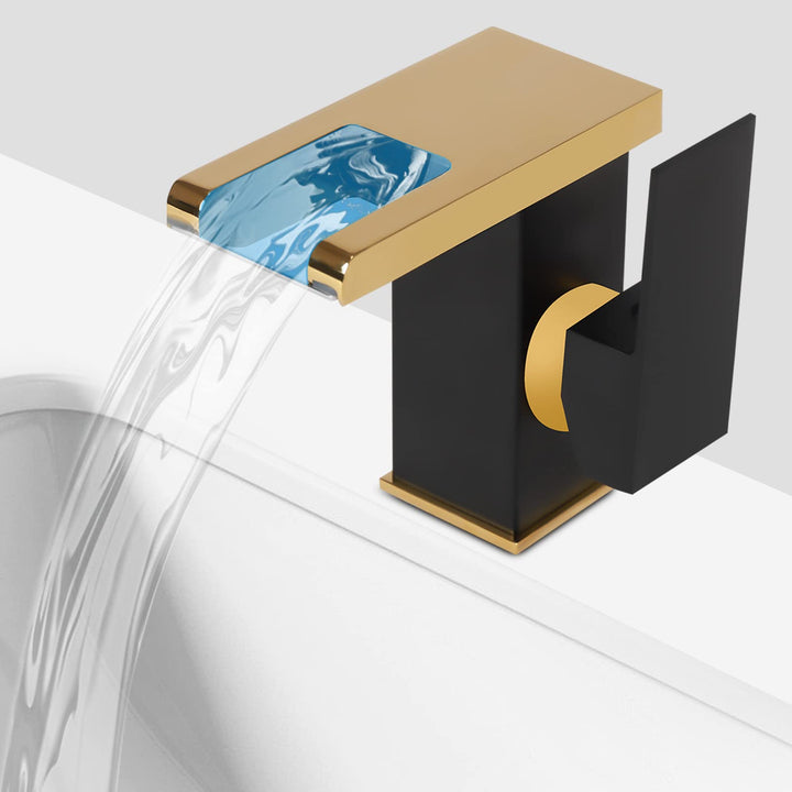 Wasserhahn mit Licht Bad, LED Wasserfall Badezimmer Wasserhahn Schwarz&amp;Gold Led Licht 3 Farben Änder