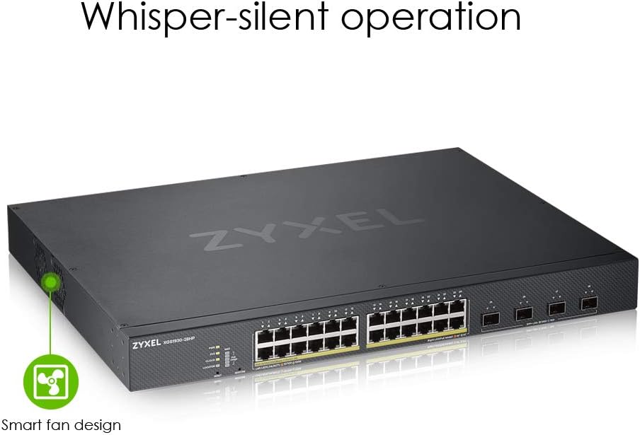 Zyxel Gigabit Ethernet Smart-Managed PoE+ Switch mit 24 Ports, einem Budget von 375 Watt und vier 10