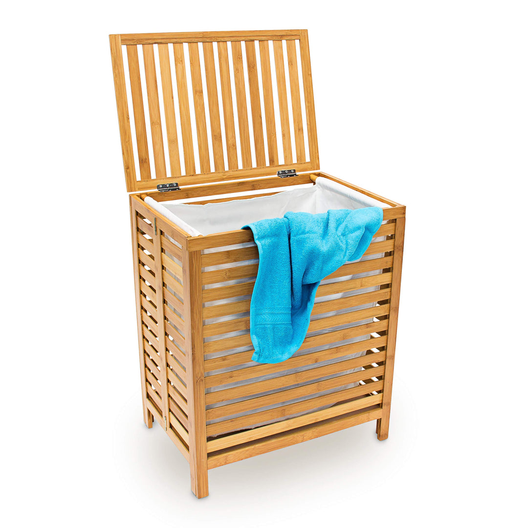 Relaxdays Wäschetruhe, Bambus, HxBxT: 60 x 50,5 x 35,5 cm, herausnehmbarer Wäschesack, Volumen 100 l
