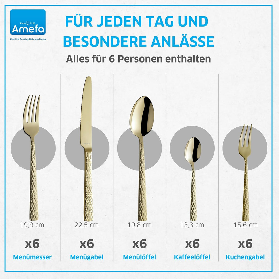Amefa FELICITY Besteckset 30-teilig PVD champagner, Hochwertiges Besteck Set, Gehämmert, Essbesteck