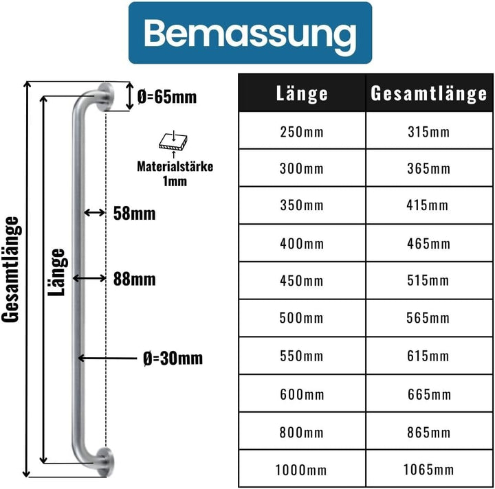 Stahlia Haltegriff Ø 30mm Edelstahl gebürstet 300mm Handtuchhalter Haltegriffe für Senioren Aufstehh