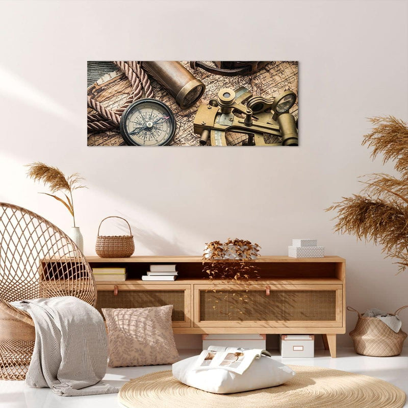 Panorama Bilder auf Leinwand 100x40cm Leinwandbild Kompass Kompass Karte Gross Wanddeko Bild Schlafz