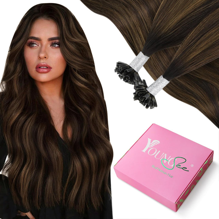 YoungSee Bonding Extensions Echthaar Braun Ombre Extensions Echthaar Bondings Dunkelbraun Ombre Mitt