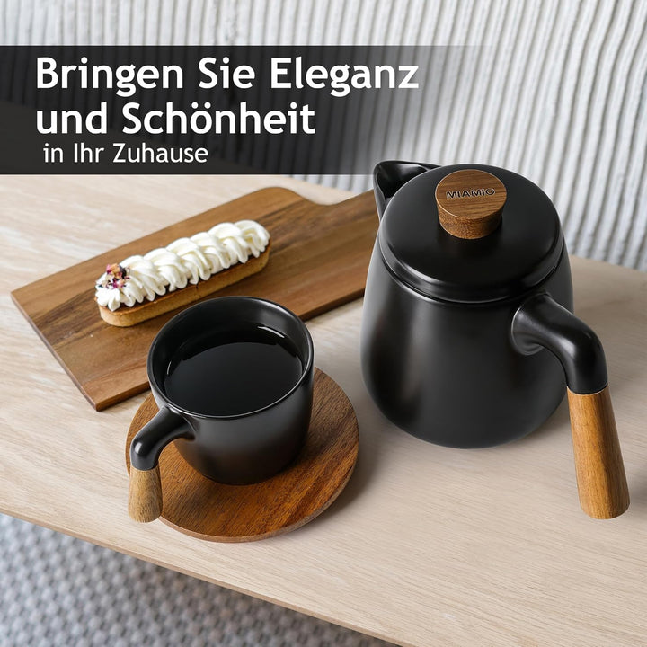 MIAMIO - 1 Liter Keramik-Teekanne-Set mit Siebeinsatz und Tassen/Teesieb, 4 Keramik-Teetassen (300 m