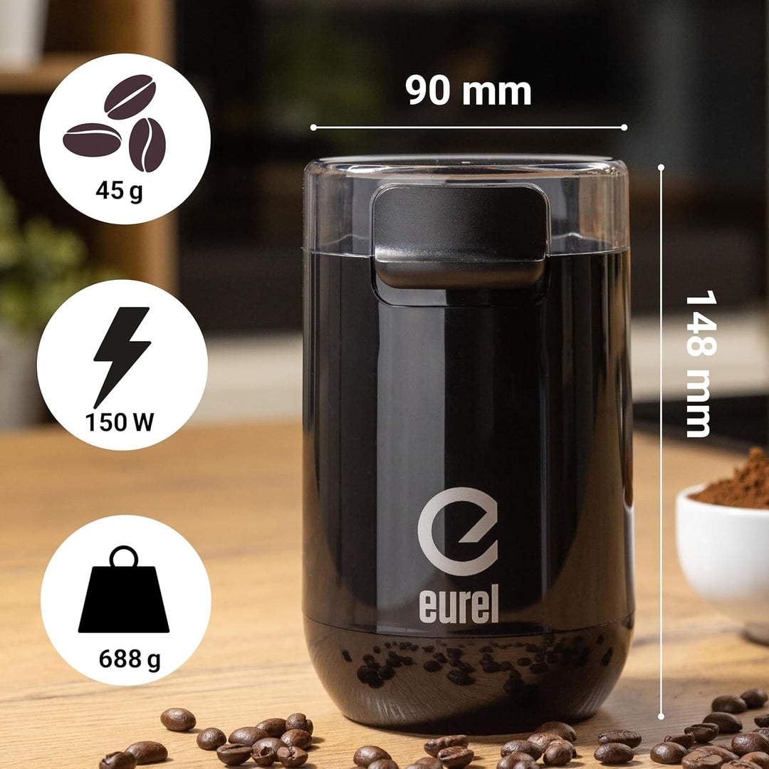 EUREL KMA Schwarz Kaffeemühle | Beste Mahlergebnisse I Mahlgrad variabel I Edelstahl Mahlbehälter un