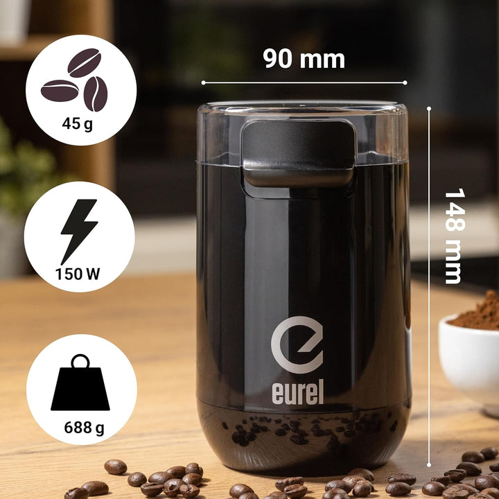 EUREL KMA Schwarz Kaffeemühle | Beste Mahlergebnisse I Mahlgrad variabel I Edelstahl Mahlbehälter un