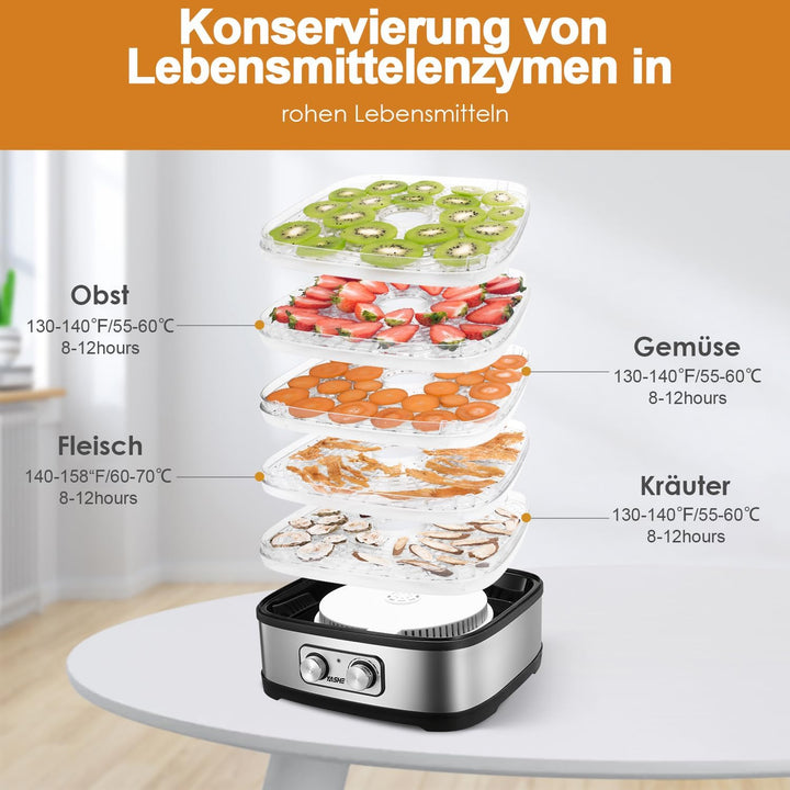YASHE Dörrautomat, 5 Höhenverstellbare Tabletts, Temperaturregelung 35–70°C, 240W, BPA-Frei, Leiser