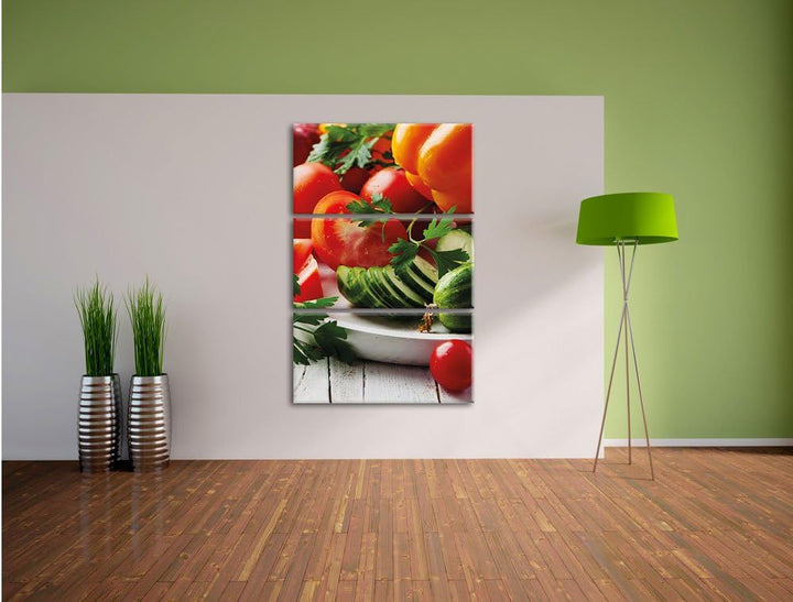 Pixxprint Obst Gurke Gemüse Salat Essen Tomate 3-Teiler Leinwandbild 120x80 Bild auf Leinwand