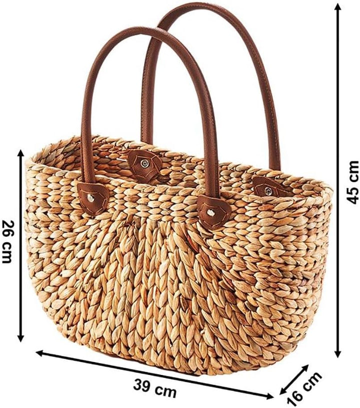 Kobolo Tasche Wasserhyazinthe, 39x16x45 cm, braune, geflochtene Henkeltasche mit robusten Kunstleder