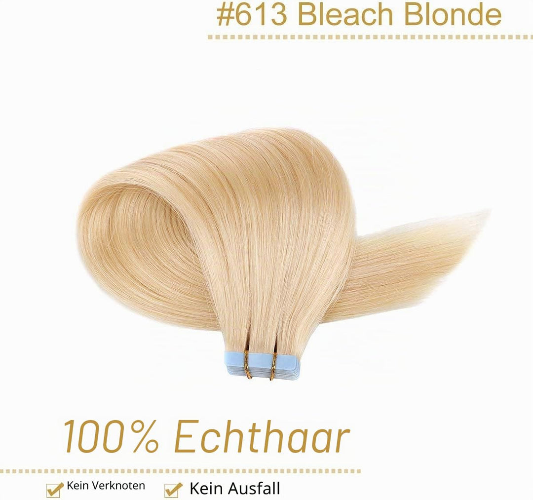 YILITE Tape Extensions Echthaar, Bleichblond 45cm 20 Stück/Packung 50g Tape in Extensions Echthaar I