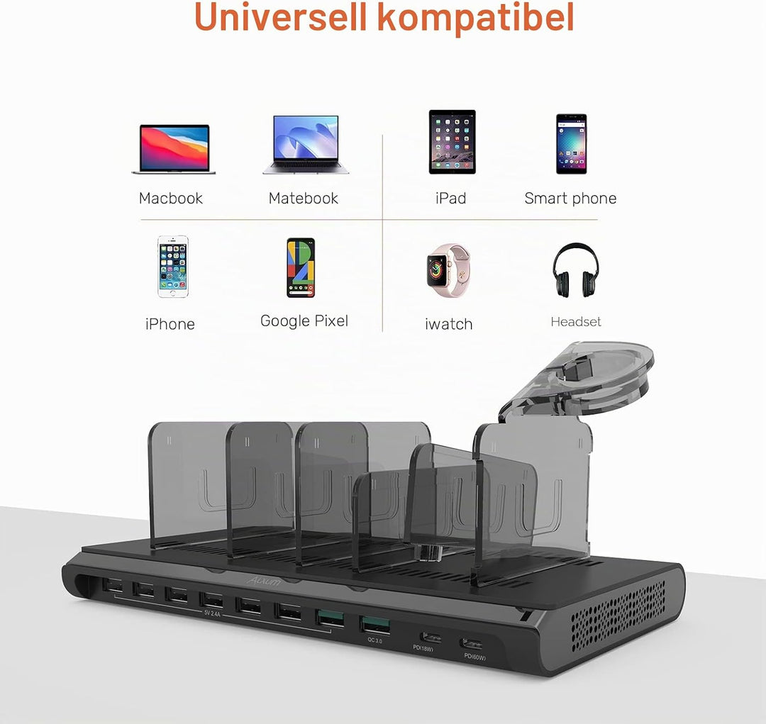 Alxum 120W 10 Port USB C Ladestation für Multi-Geräte, USB Multi Mobile Ladestation Schnellladestati