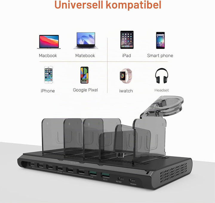 Alxum 120W 10 Port USB C Ladestation für Multi-Geräte, USB Multi Mobile Ladestation Schnellladestati