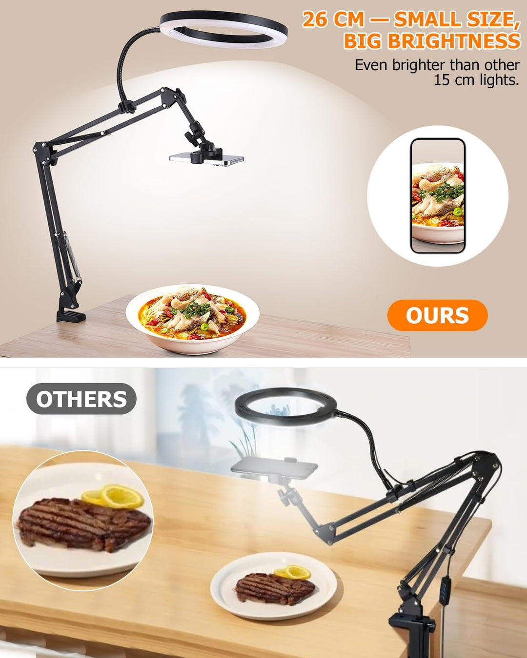 Handy Stativ mit Ringlicht, 10” Overhead Stativ Handy mit Fernsteuerung, Flexibler Tisch Kamera Arm