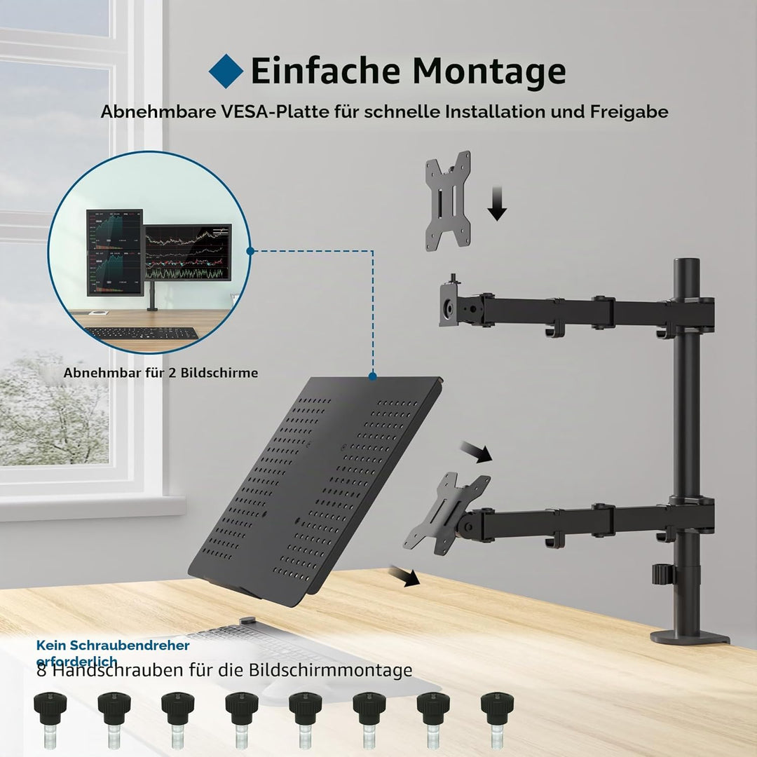 BONTEC Monitor Halterung mit Laptop Arm für 13-27 Zoll LCD LED Bildschirm bis zu 15,6“ Notebook, Nei