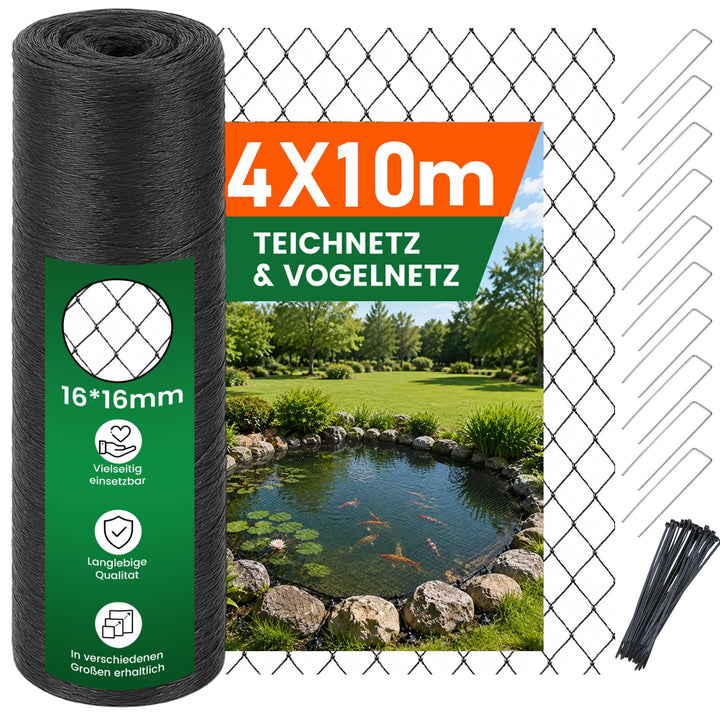 Teichnetz - 4x10m I Vogelschutznetz Katzennetz für Balkon, witterungs | UV-beständig I Teich Netz fe