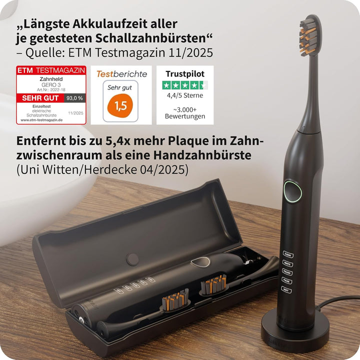 Zahnheld Gero 3 Schallzahnbürste, ETM Test SEHR GUT 93%, IPX7, Schwarz | Elektrische Zahnbürste, bis