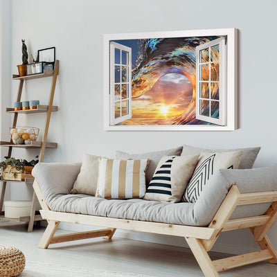 PICANOVA – Bild auf Leinwand Wellen-Sonnenuntergang Fenster 80x60cm – Leinwandbild – Premium Leinwan