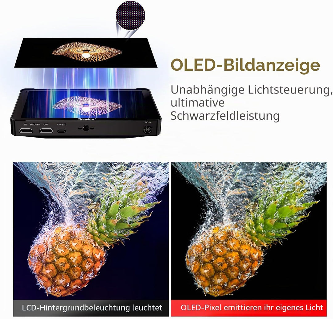 Desview OL7 Kamera Feld Monitor, 7 Zoll OLED Touchscreen DSLR-Monitor 2200Nit mit 4K HDMI 60Hz 3D LU