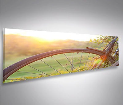 islandburner Bild Bilder auf Leinwand Altes Fahrrad im Feld mit Sonne Nostalgie Panorama XXL Poster