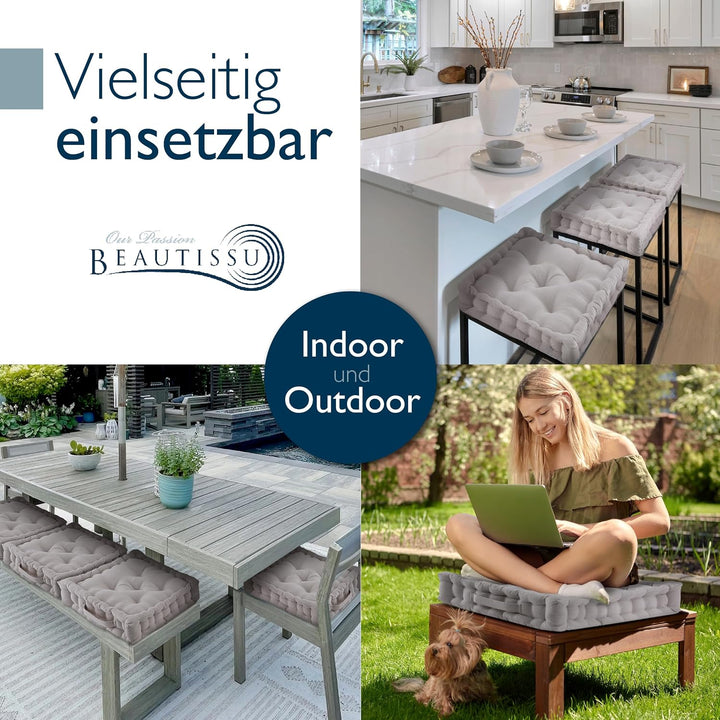 Beautissu 4er Set Bodenkissen Sitzkissen mit Tragegriff Indoor &amp; Outdoor | 40x40cm Taupe 100% Baumwo