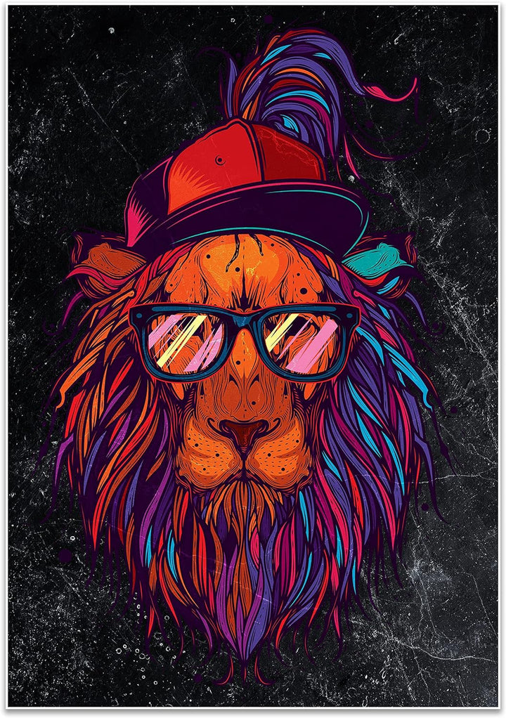 wandmotiv24 Poster als Wanddeko, Grösse 100x70cm, Funky Löwe, Marmor, bunt, Cap, Mütze, Brille, Nerd