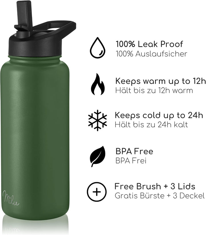 Milu Edelstahl Trinkflasche 500ml 750ml 1000ml (+3 Deckel) - Thermosflasche mit Strohhalm, Isolierte