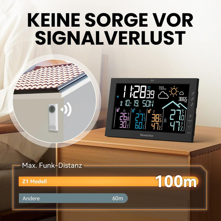 Newentor Wetterstation Funk mit Aussensensor, 3 Aussensensoren, Schwarz | Wetterstation mit 3 Aussen