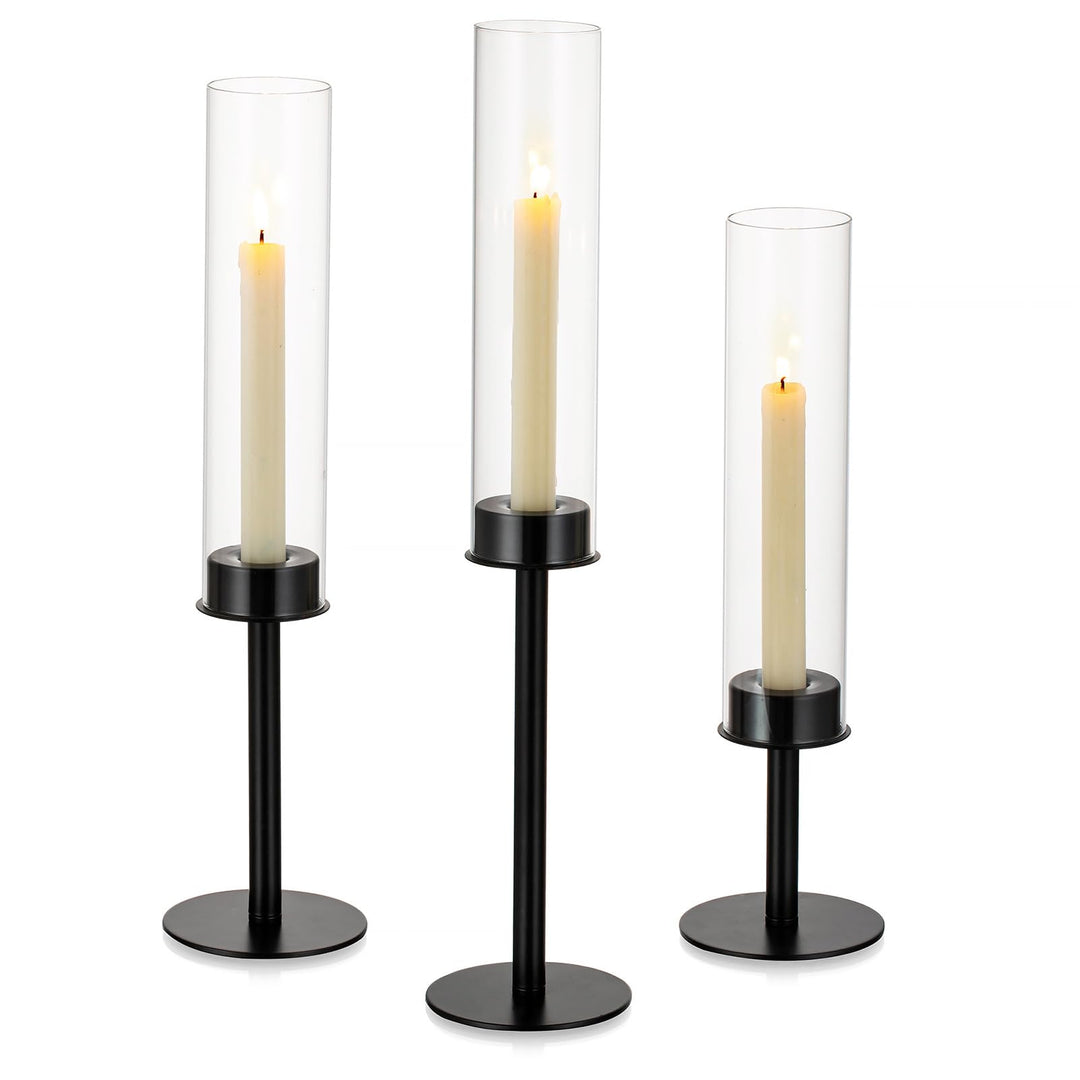 Nuptio Kerzenhalter Kerzenständer Schwarz Stabkerzen: Klarglas Metall Glaszylinder für Kerzen Stabke