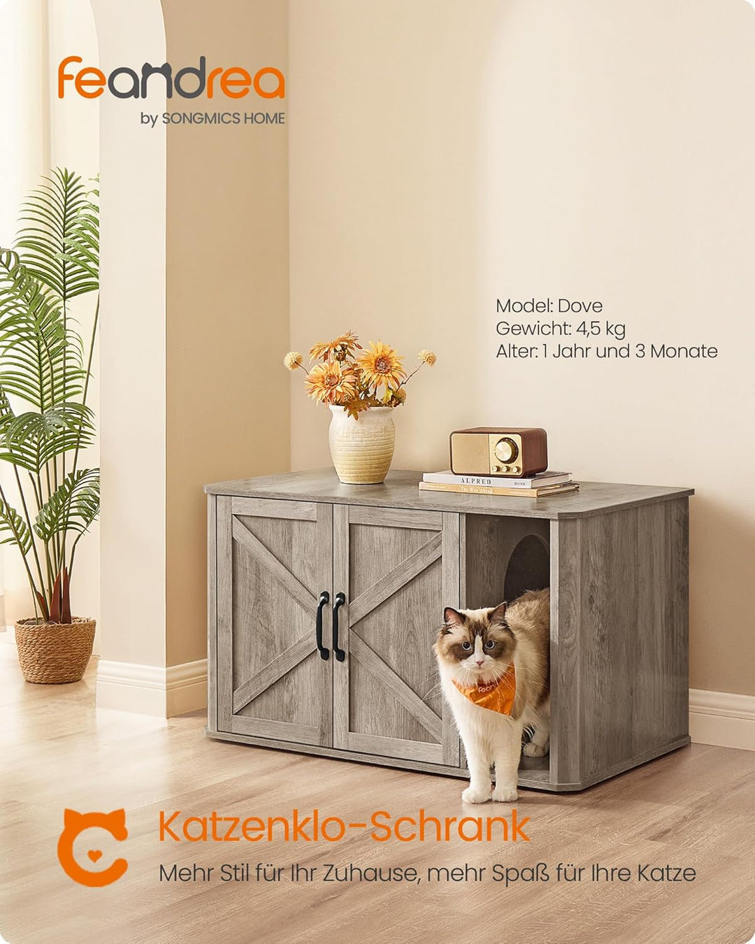 Feandrea Katzenhaus, Katzenklo-Schrank modern, Vordereingang, mit Doppeltür und Griffen, als Sideboa