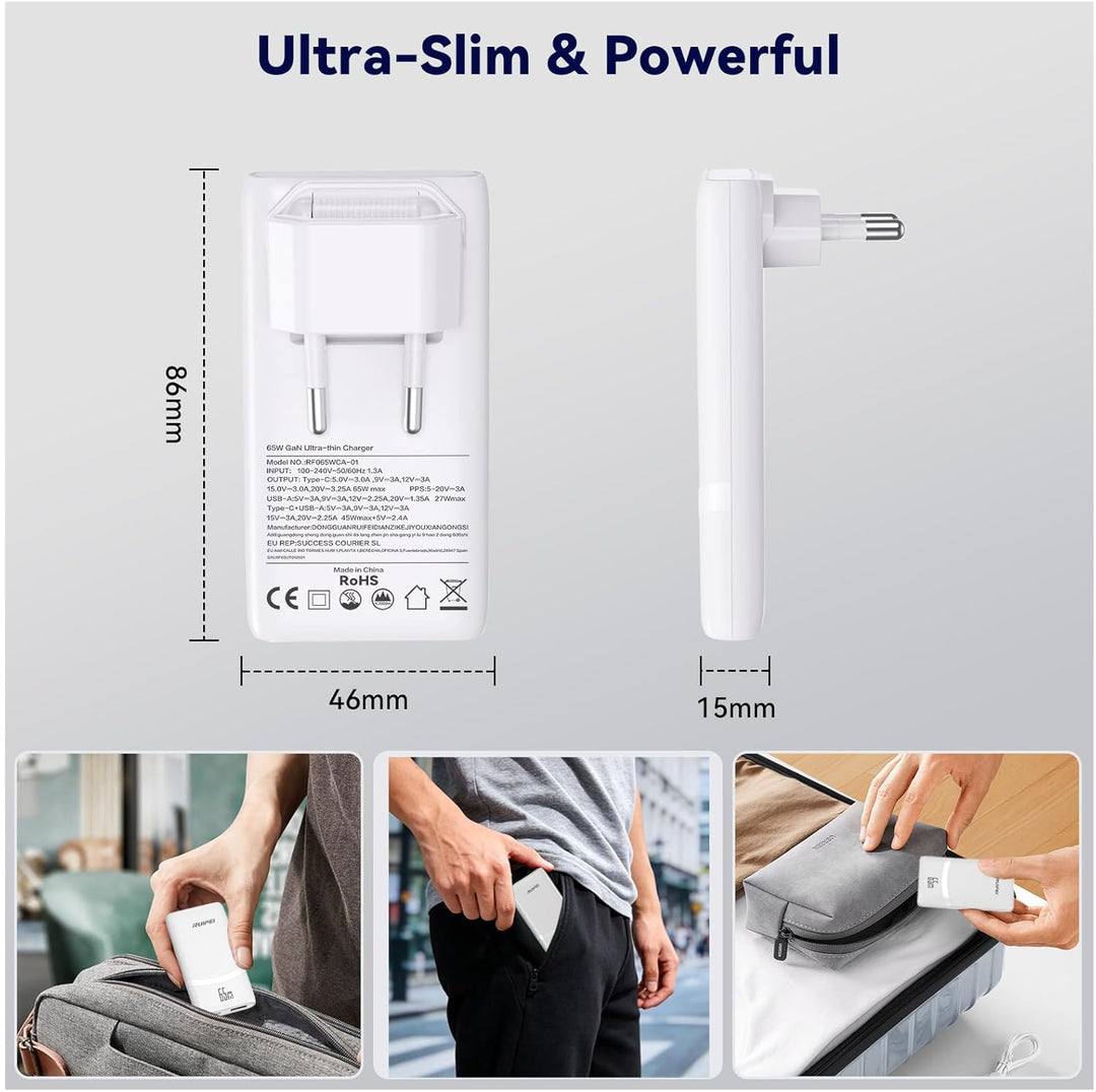 USB C Ladegerät 65W, Ultraflach Ladestecker, 2-Ports Mehrfach GaN Netzteil Schnellladegerät, Fast Ch
