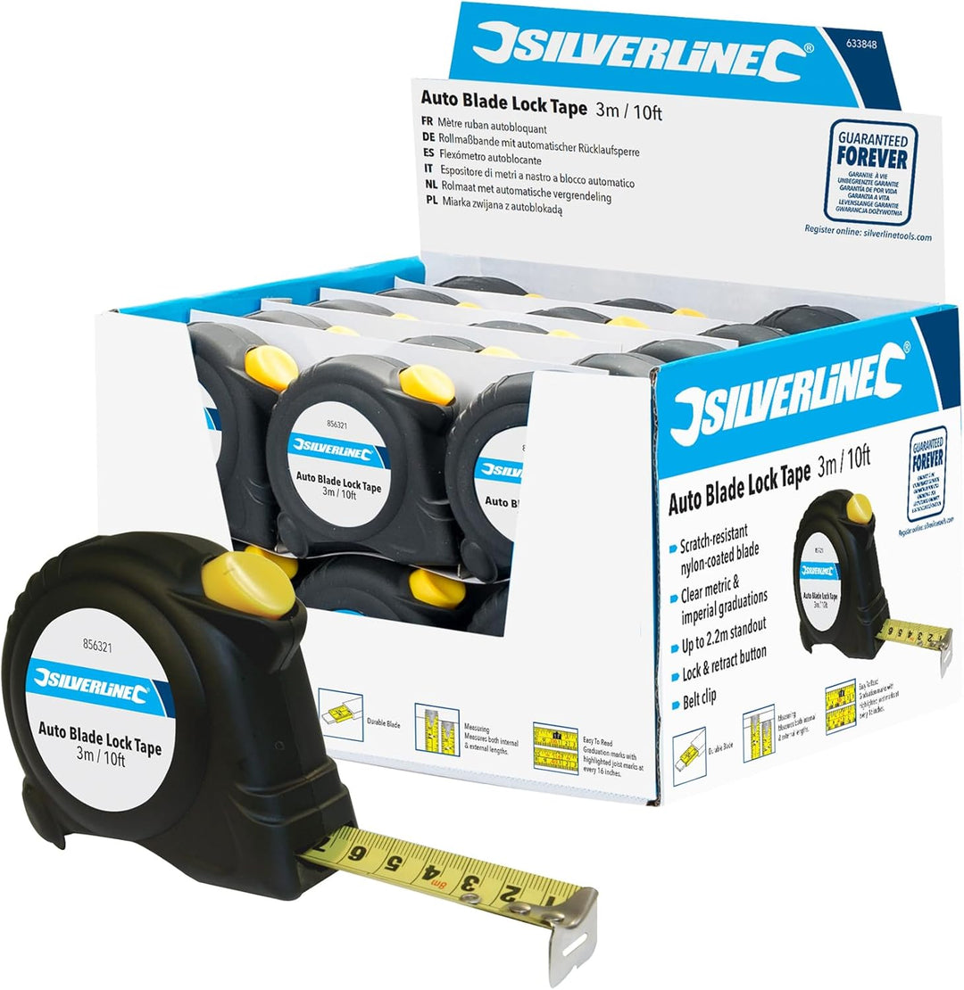 Silverline 633848 Rollbandmass mit automatischer Rücklaufsperre, Verkaufsdisplay 3 m x 16 mm, 30 Stc