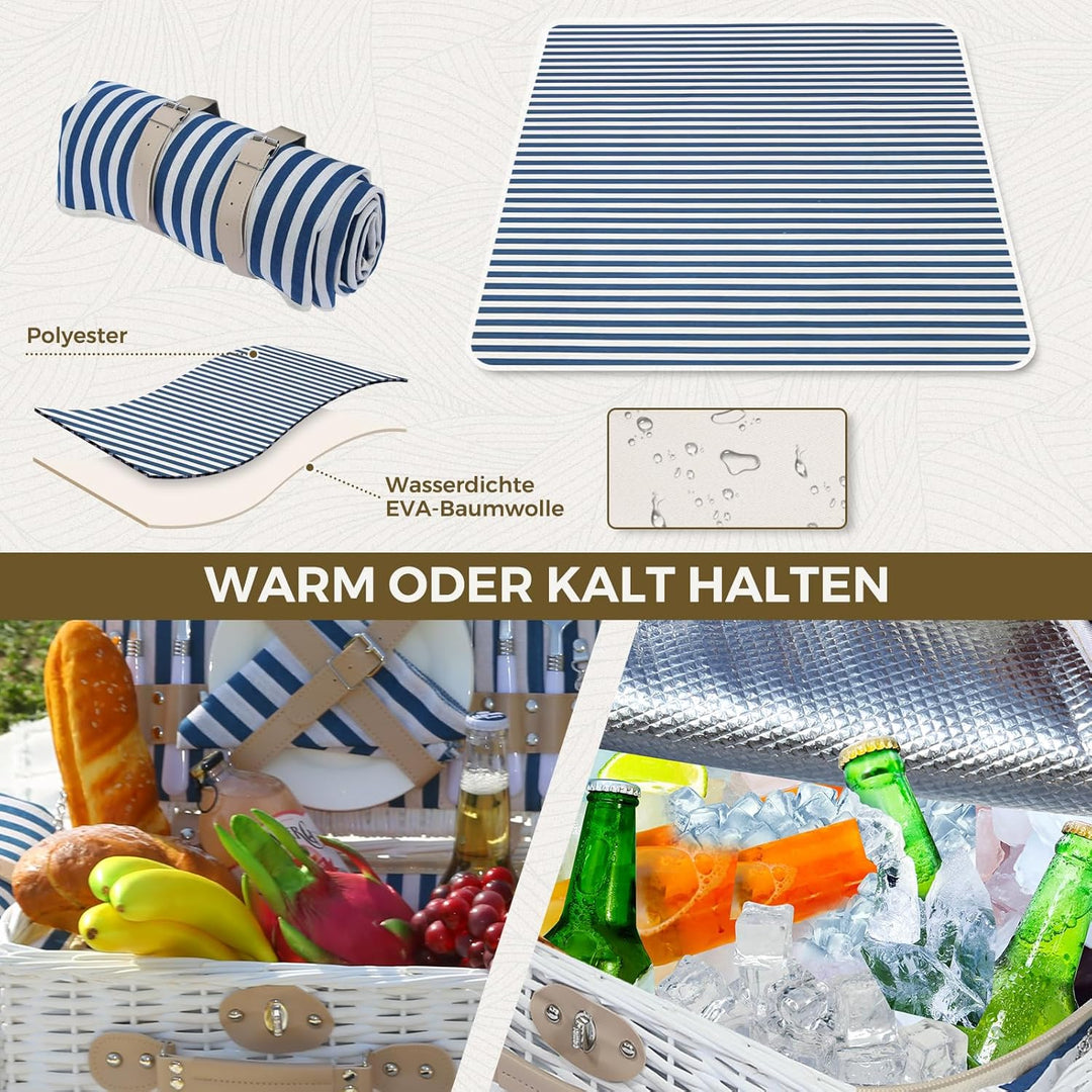 Picknickkorb Set für 2 Person mit Kühlfach und wasserdichte Picknickdecke, Abnehmbarer Riemen, Weinb