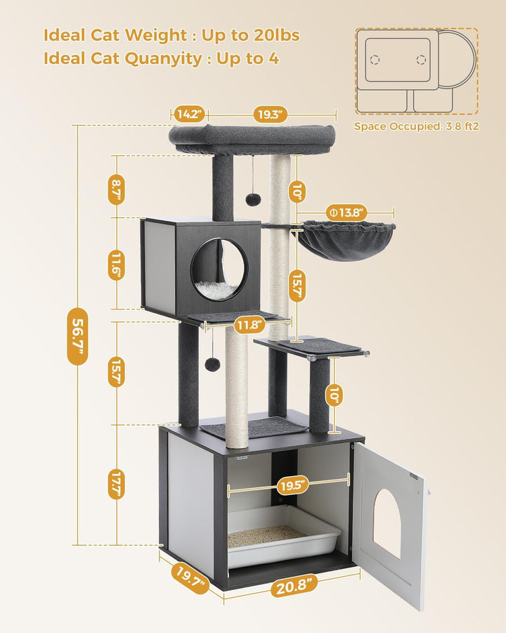 PAWZ Road Moderner Katzenbaum Holz Katzenturm mit Aufbewahrungsschrank Katzentoilette Gehege und ger