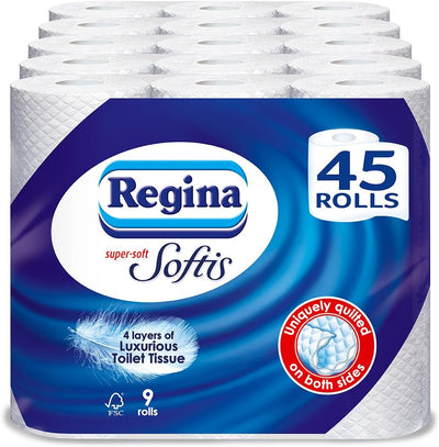 Regina Softis Toilettenpapier, doppelt wattiert, 45 Rollen 9 Stück (5er Pack) Mehrfarbig, 9 Stück (5