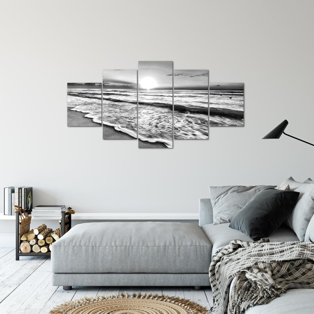 Runa Art Bild Schlafzimmer Wohnzimmer Sonnenuntergang Strand 5 Teilig Panorama Schwarz Weiss Wandbil