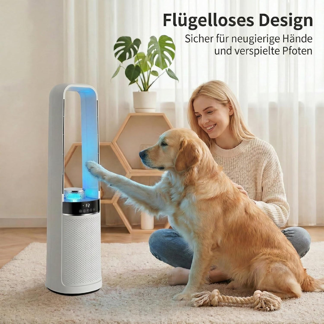HOMCOM Turmventilator ohne Rotorblätter, Leise Standventilator mit 45°-Oszillation, LED-Leuchte, 3 G