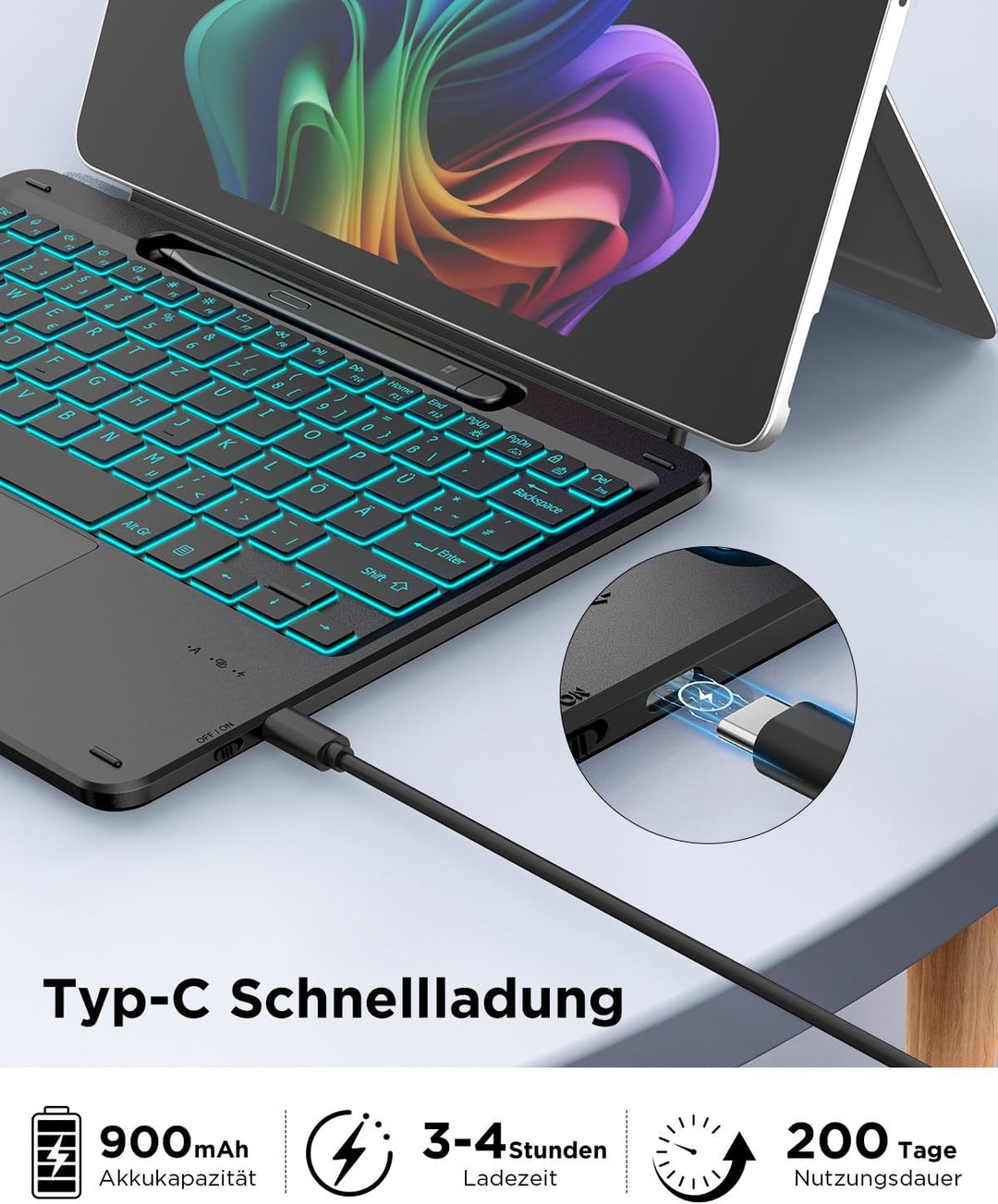 CACOE Bluetooth Tastatur für Surface Pro 12, Ultraslim Keyboard Type Cover für Surface Pro, 7-Farben