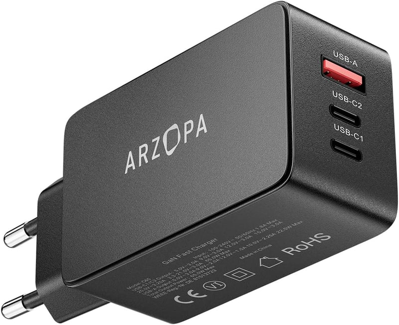 ARZOPA USB C Ladegerät 65W USB-C Netzteil GaN Charger 3-Port Schnellladegerät PPS Mehrfach Ladegerät