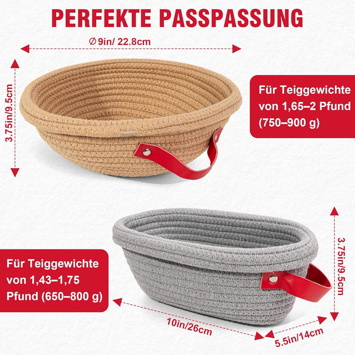 Gärkörbchen- Sauerteig Brot Gärkorb Set – 23 cm Rund & 26 cm Oval mit Bezug & Deckel | Natursauertei