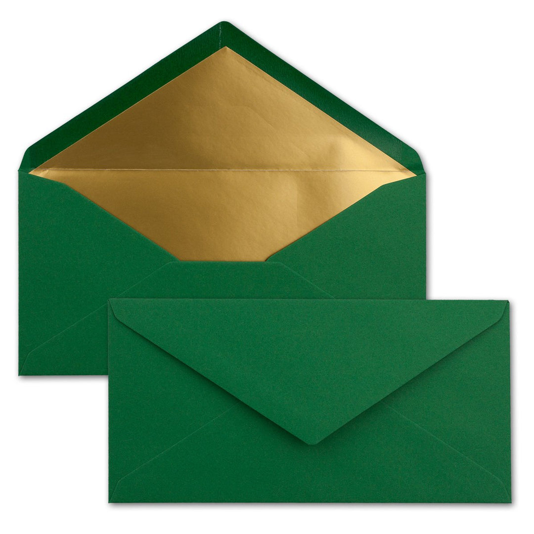 75 Brief-Umschläge DIN Lang - Dunkelgrün mit Gold-Metallic Innen-Futter - 110 x 220 mm - Nassklebung