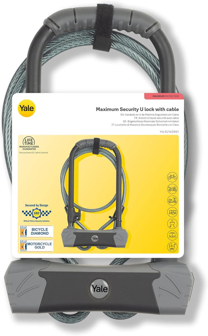 Yale Max Security Bügelschloss mit Kabel - YUL3C/14/230/1 - 230 mm - Ultra gehärteter Bügel und Cros