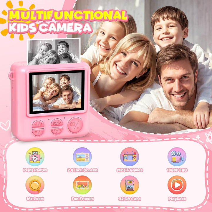 Sofortbildkamera Kinderkamera – 1080P 2,4 Zoll Bildschirm Kinderkamera Mit 32GB Karte & Druckpapier,