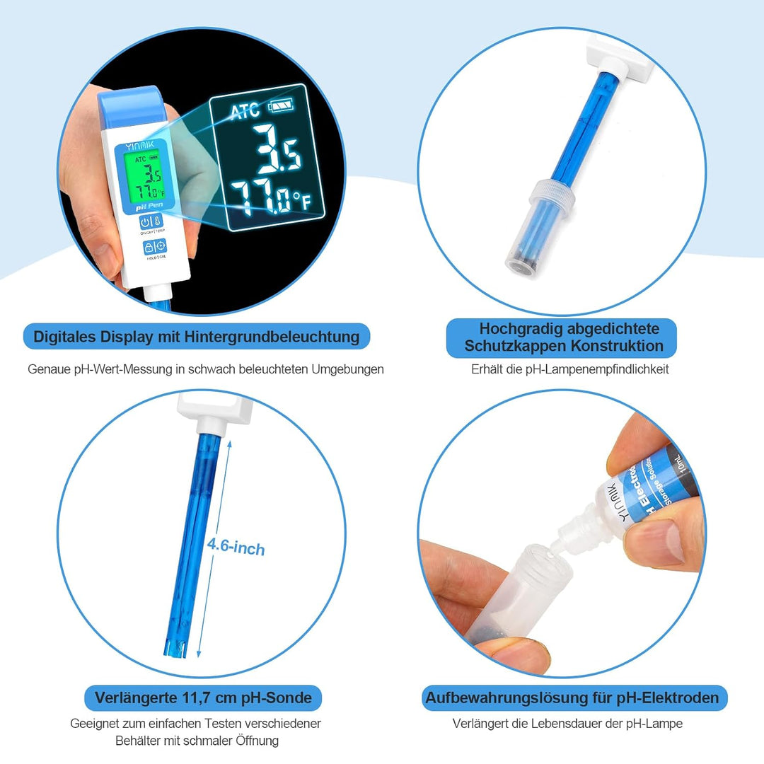 Digitales pH Messgerät Wasser, Pool pH Meter mit 11,7 cm pH Sonde, Labor pH Meter mit ATC Funktion f
